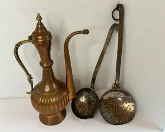 Vintage Copper Turkish Pot With Ladle And Strainer