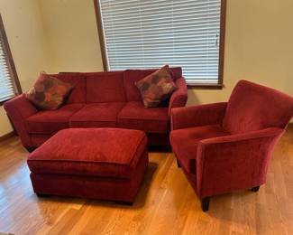 Red Microfiber 7ft Sofa With Ottoman And Accent Chair