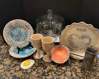 Homemade Pottery Goblets Bowl And Plates With Cake Plate Vase And Spoon Rest
