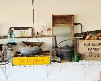 Antique Items: Dr. Pepper, Wooden Crates, Antique Glass from Ball and others, Antique Washboard and much more