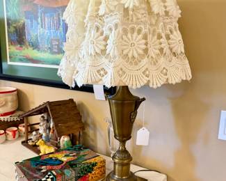 Vintage Brass Lamps Pr w/ glass shades (under cloth ones) will pic them w/ glass as well