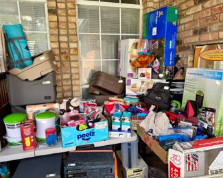 Dog supplies, gates, beds, dog outfits.