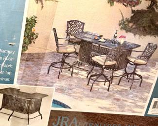 Santa Monica New in Box outdoor cast aluminum bar set table with 4 bar stools.  Retails for $2500.