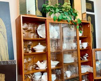MCM Danish teak china hutch stuffed full!