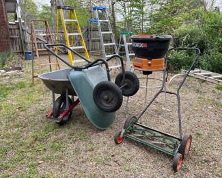 Wheelbarrows, ladders, leaf mulcher shredder