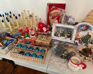 Shiny Brite ornaments, vintage Christmas candlesticks