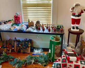 Christmas decor, garlands, animatronic Santa, glass ornaments, Vintage lights