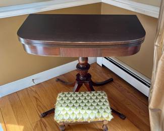 Card table, opens, lists a bit, but no breaks. Small stool.