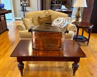 Coffee table (note right corner wear). Nice copper boiler.