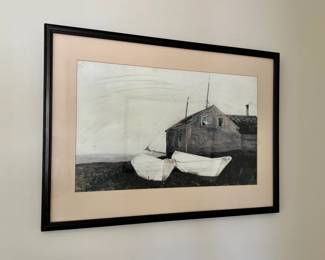 Print of rustic boats, barn.