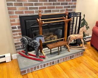 Quilt rack, vintage hobby horses, small old bench. Fireplace tools.