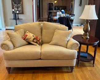 Sofa (some wear on back ridge), side table, lamp