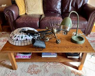 Oak table, partial shot of  lamps. 