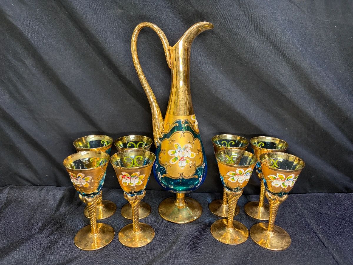 Murano Cobalt Gilded Glass Wine Decanter & Glasses