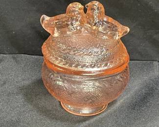 Love Birds Pink Depression Glass covered Dish