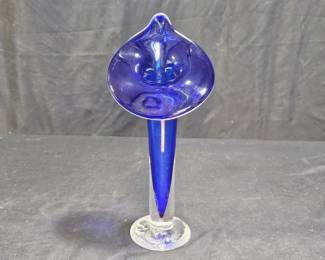  Hand Blown Cobalt to Clear Jack-in-the-Pulpit Vase