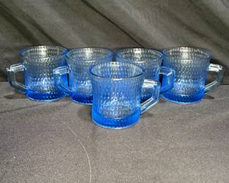  5 Anchor Hocking Blue Tear Drop Design Glass Mugs