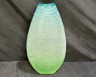 Frosted Etched & Hand Blown Green to Blue Art Vase