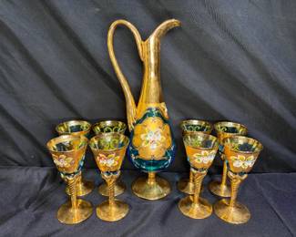 Murano Cobalt Gilded Glass Wine Decanter & Glasses