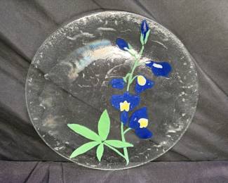 Fused Glass Floral Sweet Peas Plate Signed Travis
