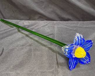 Hand Blown 18.5 Murano Style Blue & Yellow Flower
