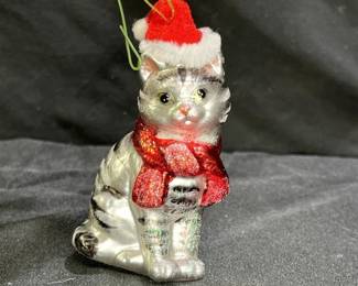 VTG Grey Tabby Cat Glass Ornament 4" Tall