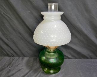 Green Glass Oil Lamp White Hobnail Shade