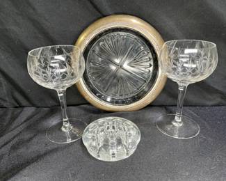  Silver Plate Ashtray, Wine Glasses & Flower Frog