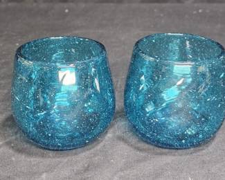 2 Blue Hand Blown Bubble Juice Glasses