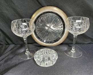 Silver Plate Ashtray, Wine Glasses & Flower Frog