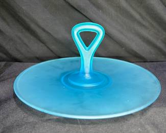 Blue Satin Glass Snack Tray with Handle