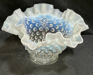 Fenton Glass White Opalescent Hobnail Ruffled Bowl