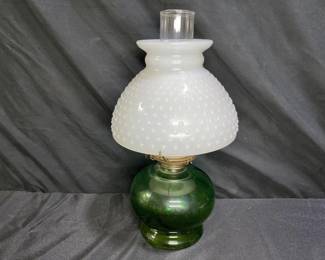  Green Glass Oil Lamp White Hobnail Shade