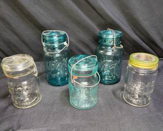  5 VIntage Ball & Atalas Blue & Clear Jars