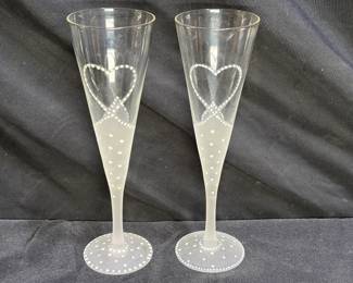  Pair of Frosted Bride & Groom Champagne Glasses