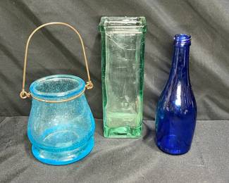  Green Vace, Candle Holder & Cobalt Bottle