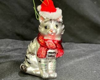  VTG Grey Tabby Cat Glass Ornament 4" Tall