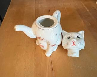 Vintage Ceramic Cat Teapot with Red Floral Motif and Paw Spout