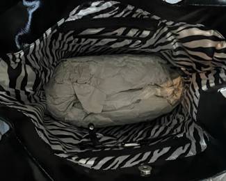 Black Patent Leather Tote Bag with Zebra Print Lining