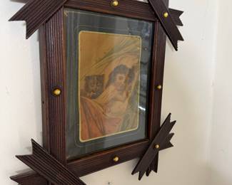 Victorian "The Cat's Meal" Chromolithograph in Tramp Art Frame