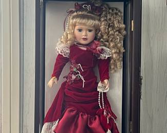 Brass Key Camellia Garden Collection Porcelain Doll in Display Case
