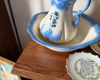 Victorian Wash Basin and Pitcher Set with Blue Roses and Lord's Prayer Plate
