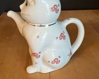 Vintage Ceramic Cat Teapot with Red Floral Motif and Paw Spout