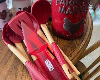 Red "Farmer's Market" Ceramic Jar with Chicken Motif and Red Silicone Kitchen Utensil Set with Rich's Branded Cake Server