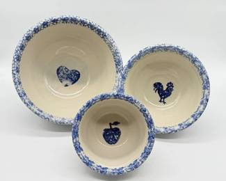 119 VintageHeavyTienshanCeramicFolkCraftBlueSpongeBowlSet
