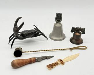 43 MixMetalsofCrabBellsCandleSnufferCanOpenerAntlerBlade