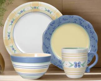 Pfalzgraff Summer Breeze Dinner and drink set for 8.  8 large dishes, 8 small, 8 mugs, 8 bowls, 7 glasses, sugar and creamer, large round platter.  Like brand new! $150