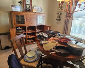 Oak hutch with wine rack option in shelving.  Lots of kitchen ware and decor!