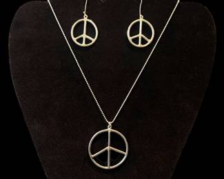 925 Sterling Silver Peace Sign Earring and Necklace Set