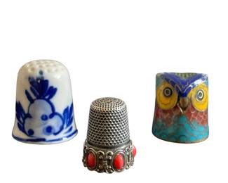 Cloisonné owl, silver & coral and Delft thimbles